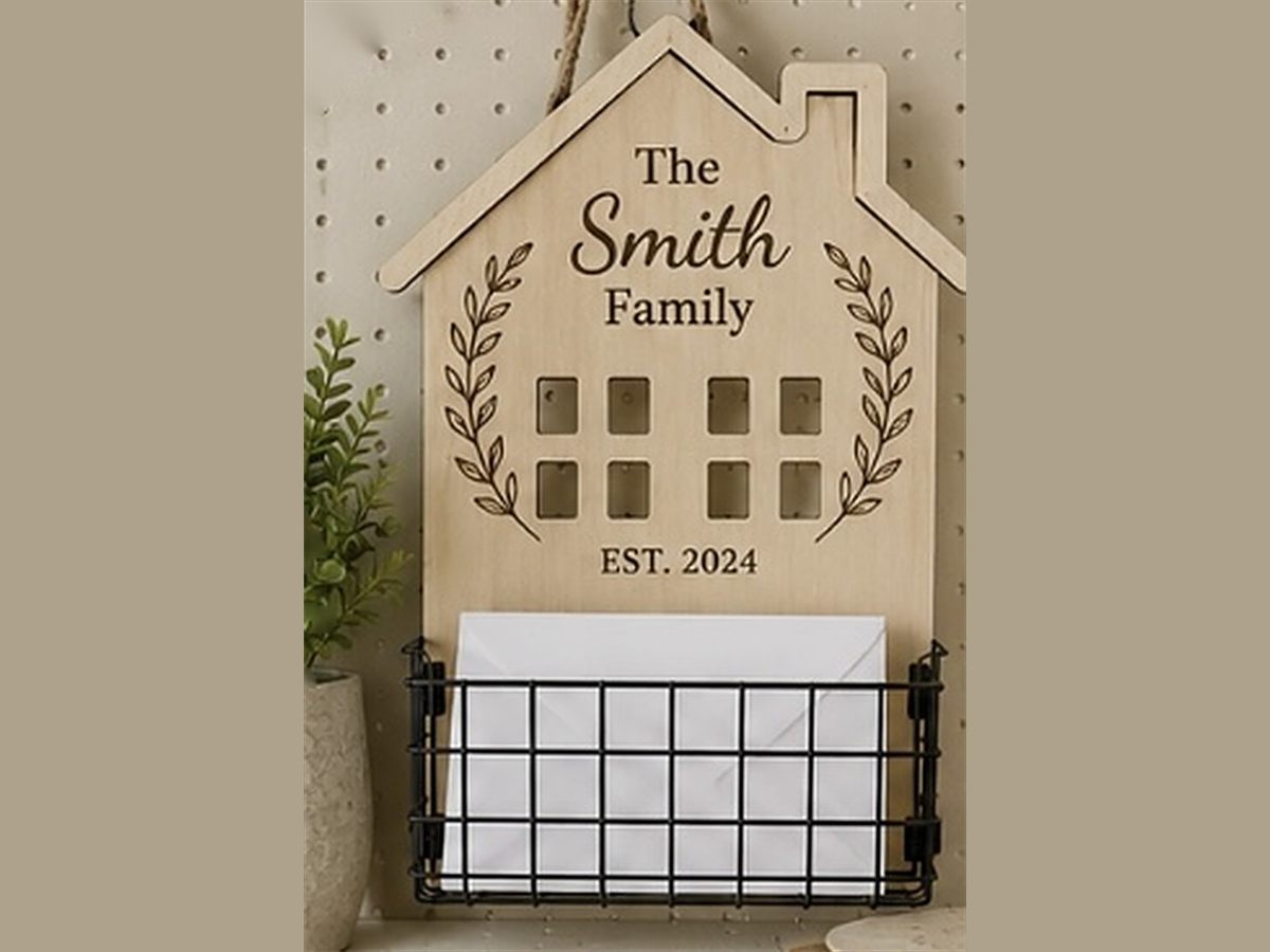 House-shaped plywood organizer engraved 'The Smith Family, Est. 2024' with a wire mail basket