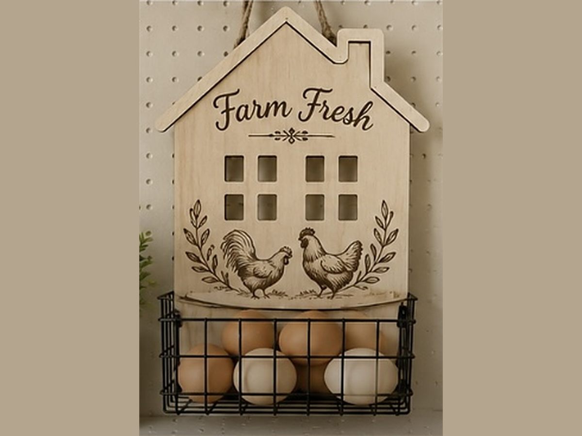 House-shaped plywood organizer engraved 'Farm Fresh' with two chickens, holding eggs in a wire basket