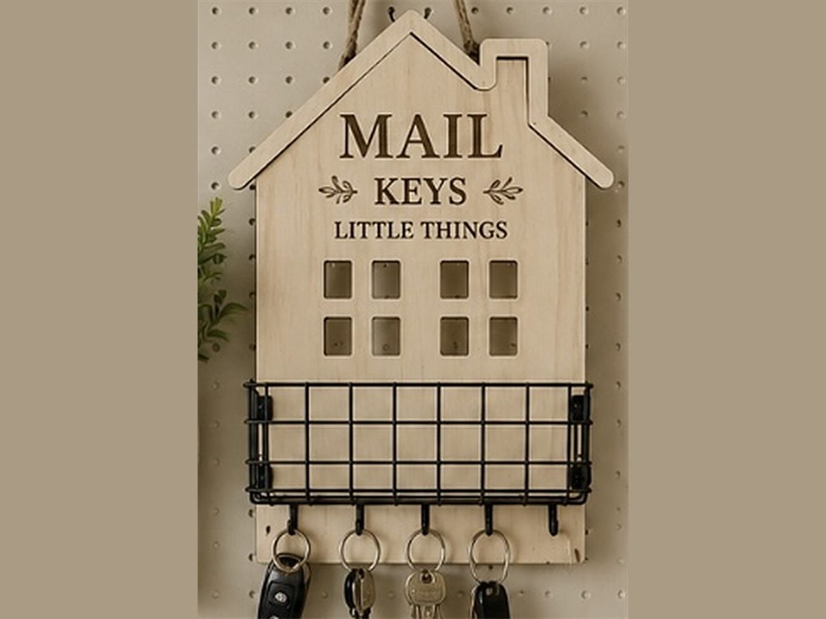 House-shaped plywood organizer engraved 'Mail, Keys, Little Things' with a wire basket and key hooks
